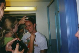 Dyeing my friend Jason's hair in the bathroom in the basement of North during the second year of Writer's Workshop, c. 2000. 